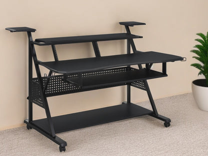 67" Black Wood and Metal Rolling Computer Desk