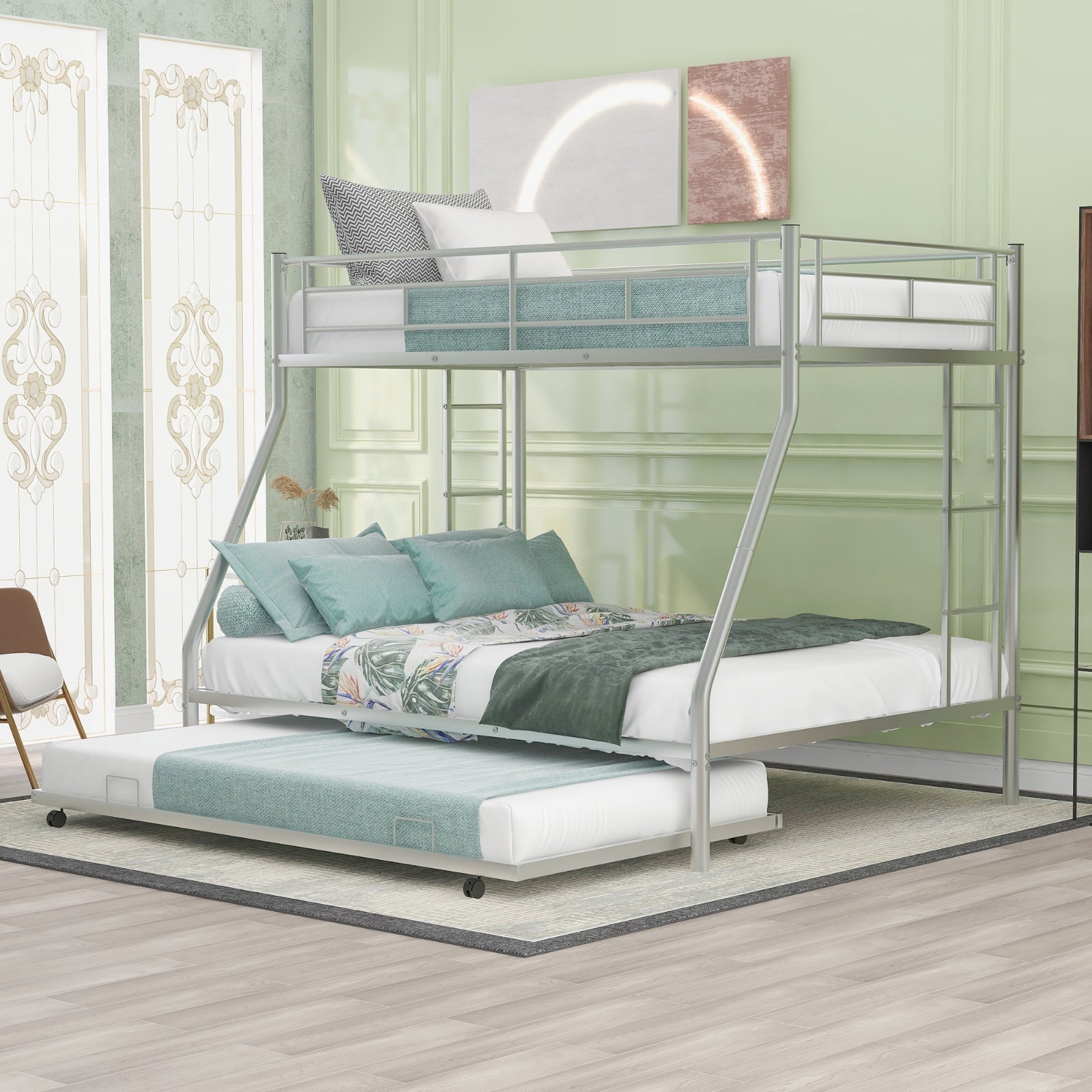 Twin Over Full Bunk Bed With Steel Frame, Trundle, Two-Side Ladders, Silver