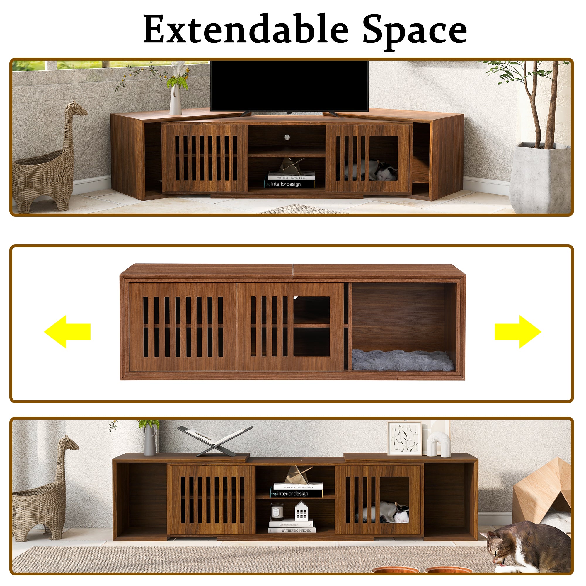 Mid-Century Modern 54.3 Extendable TV Stand Up To  With Cat House  Litter Box Enclosure  Walnut Wood Entertainment Center, Sliding Doors, Hidden Pet Furniture