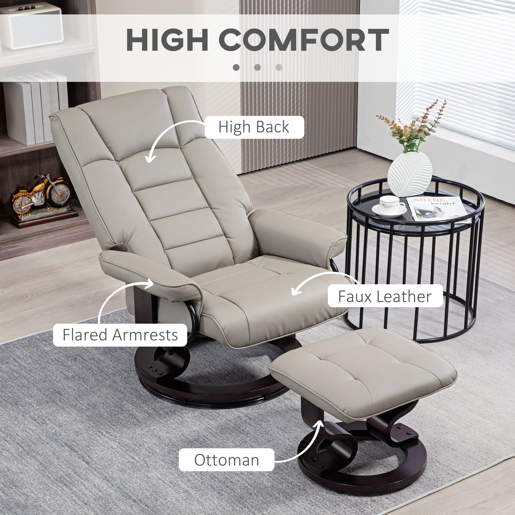 Faux Leather Recliner with Ottoman, Swivel Recliner Chair and Ottoman with High Back and Wood Base, Gray