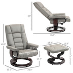 Faux Leather Recliner with Ottoman, Swivel Recliner Chair and Ottoman with High Back and Wood Base, Gray