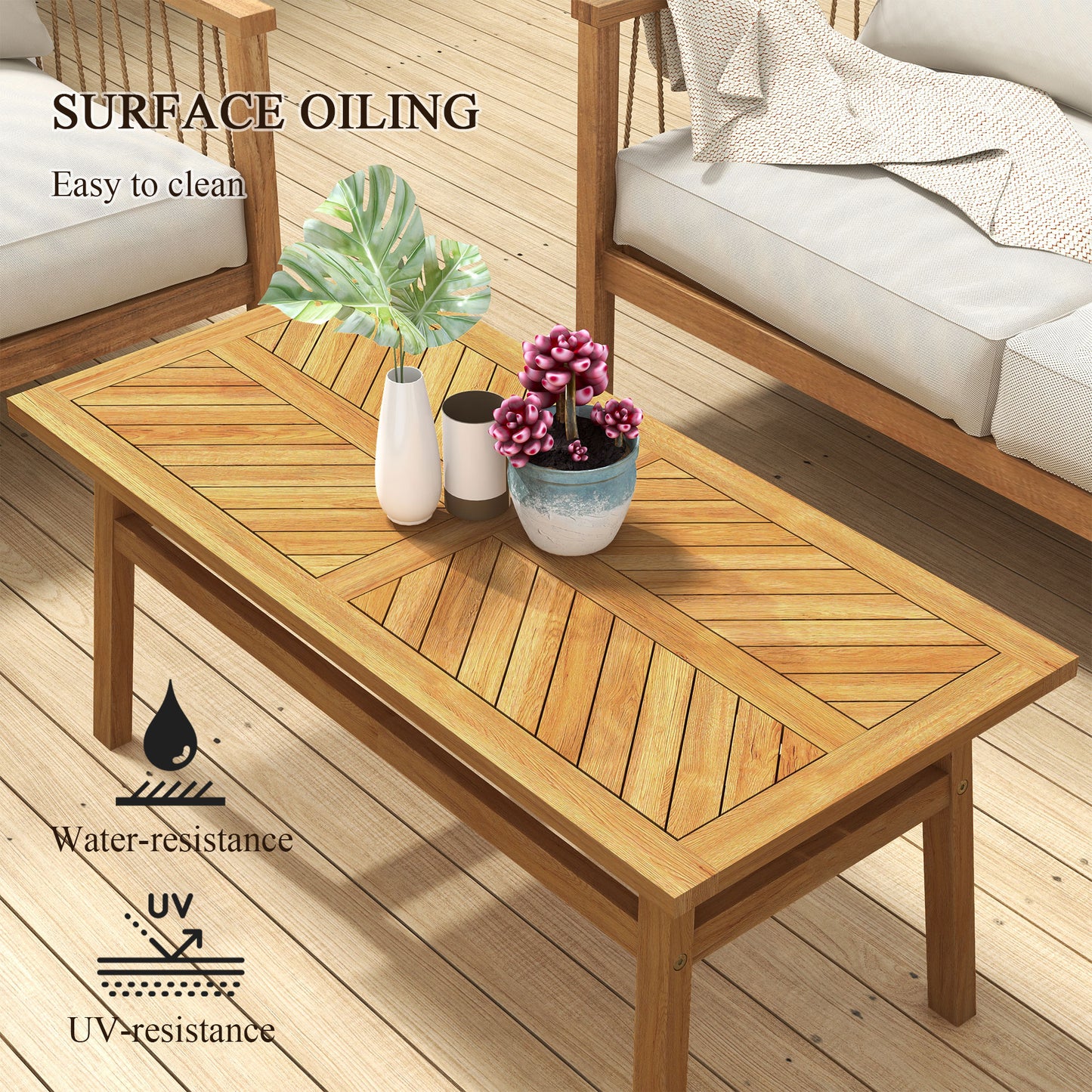 Outdoor Coffee Table, Acacia Wood Rustic Patio Table for Garden, Backyard, Balcony, Deck, Natural Wood