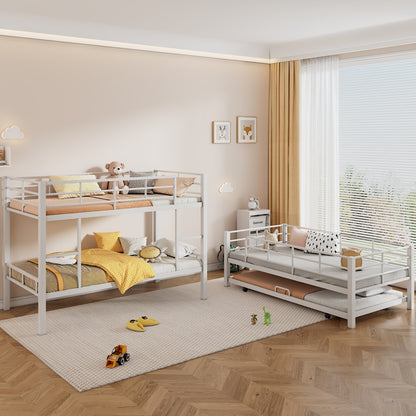 Metal Twin Size Triple Bunk Bed With Trundle, White