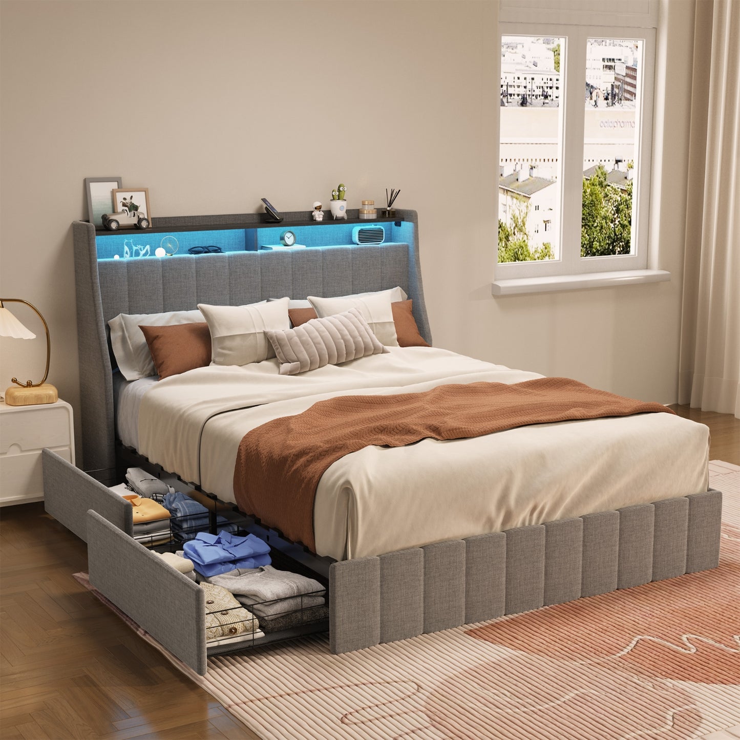 Queen Size Bed Frame With LED, Storage Drawers, Wings Headboard - Light Gray