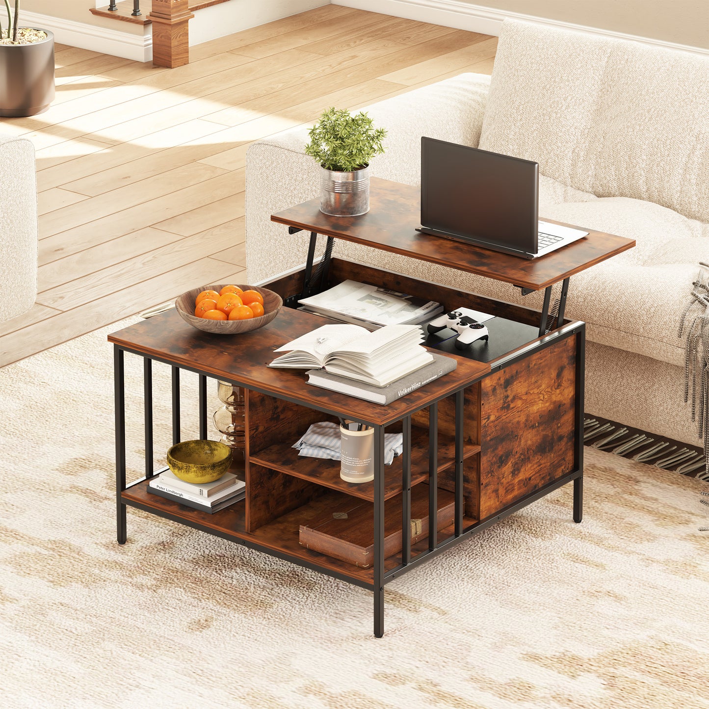 Farmhouse Lift Top Coffee Table With Storage Adjustable Height Living Room Table, Multifunctional Center For Family With Hidden Compartment & 3 Shelves110lbs Capacity, Easy To Clean