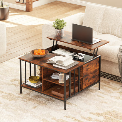 Farmhouse Lift Top Coffee Table With Storage Adjustable Height Living Room Table, Multifunctional Center For Family With Hidden Compartment & 3 Shelves110lbs Capacity, Easy To Clean