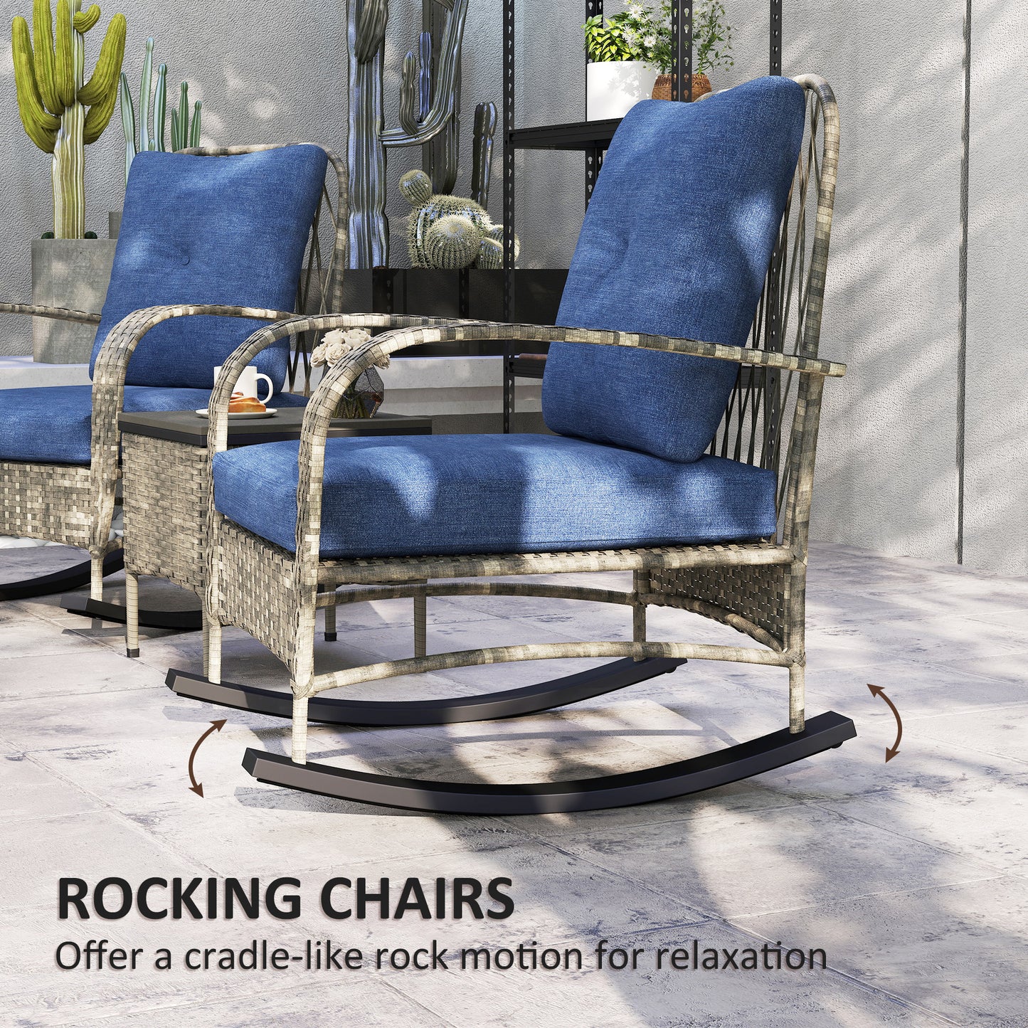 3 Piece Wicker Patio Furniture Set, Outdoor PE Rattan Rocking Chairs With Coffee Table, Cushions For Porch, Gray