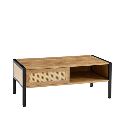 Rattan Coffee Table Metal Legs Modern Table Sliding Door For Storage