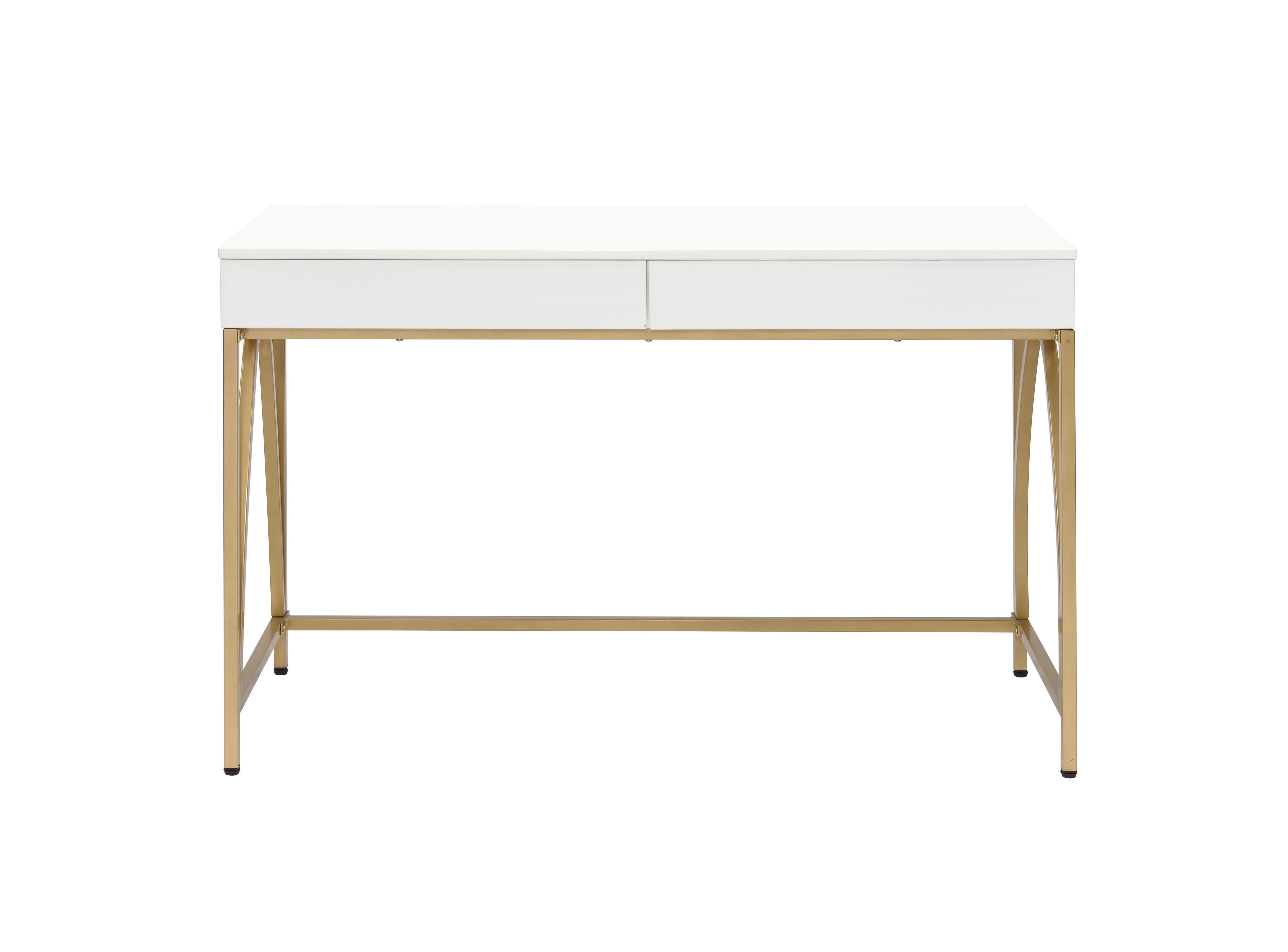 50" White And Gold Wood and Steel Vanity Table With Two Drawers