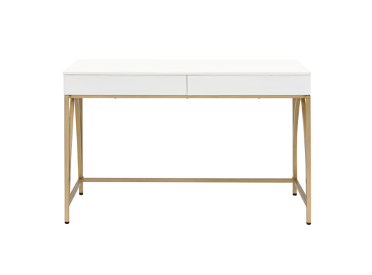 50" White And Gold Wood and Steel Vanity Table With Two Drawers