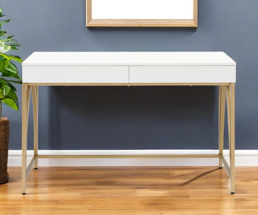 50" White And Gold Wood and Steel Vanity Table With Two Drawers