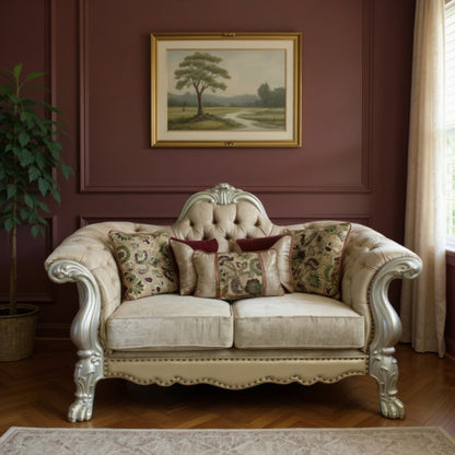 73" Bone Velvet Loveseat and Toss Pillows