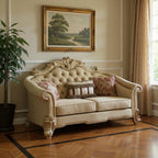67" Bone And Gold Faux Leather Loveseat and Toss Pillows