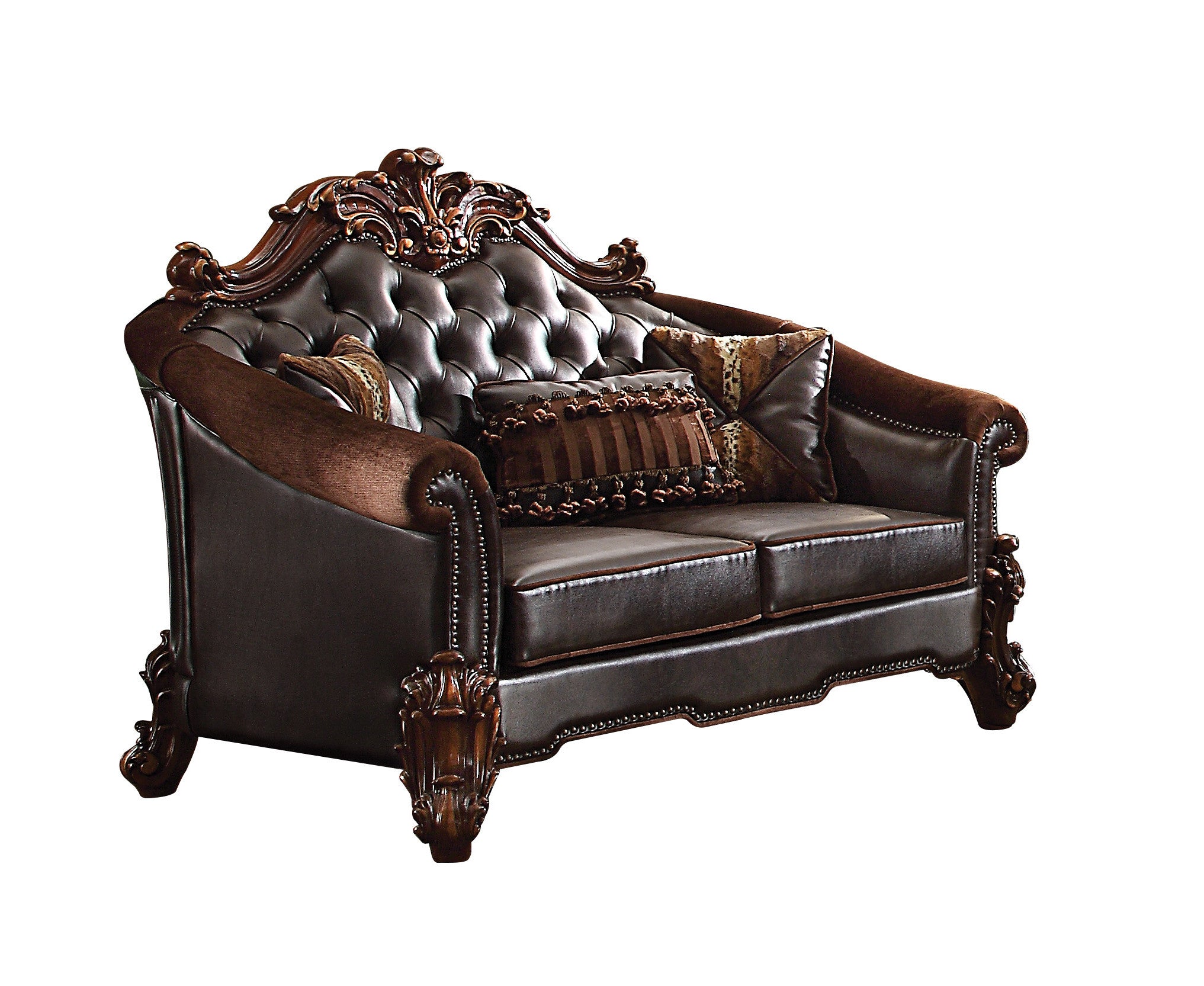 66" Brown And Dark Brown Chenille And Faux Leather Loveseat and Toss Pillows