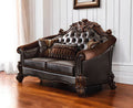 66" Brown And Dark Brown Chenille And Faux Leather Loveseat and Toss Pillows