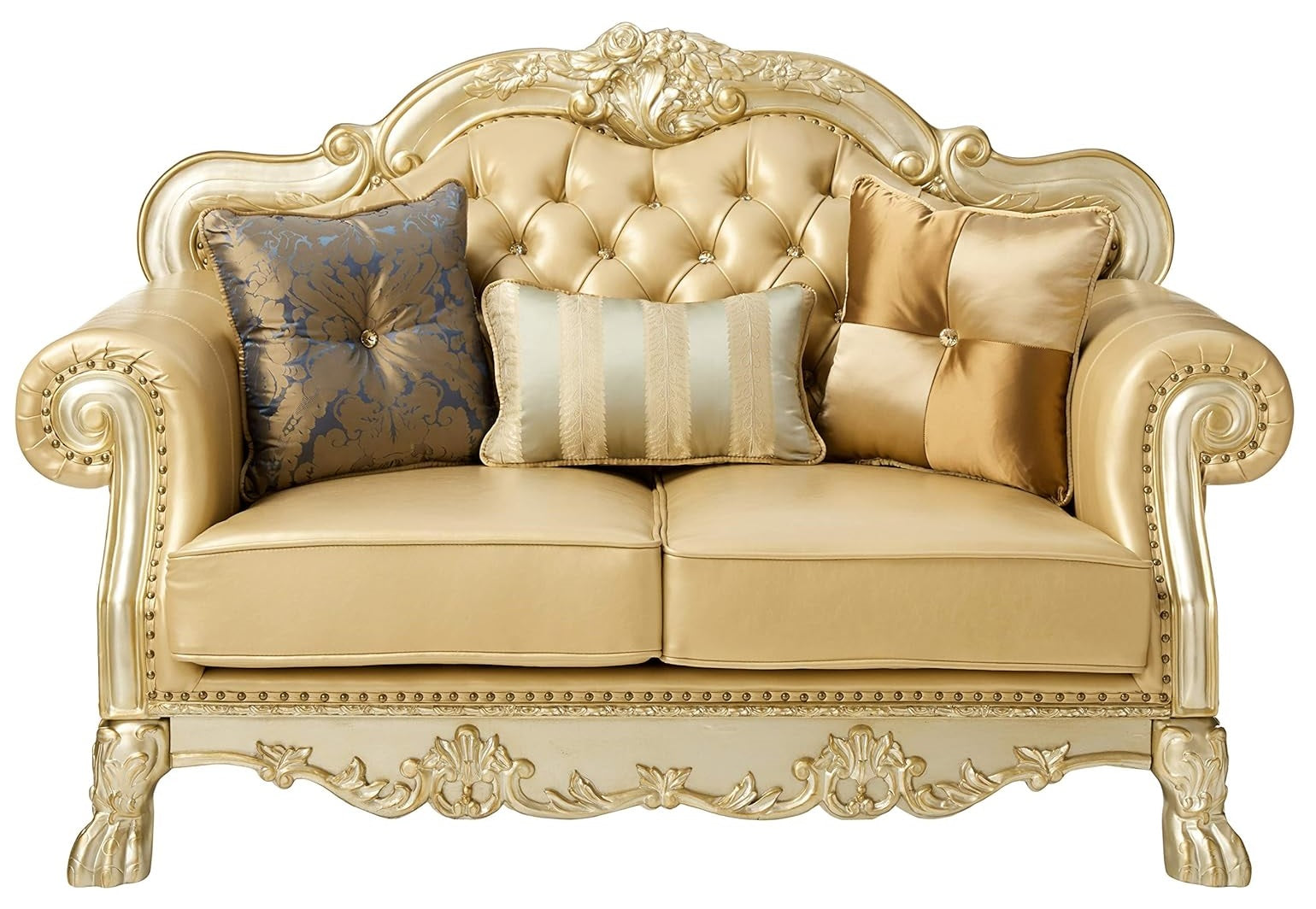 64" Bone And Gold Faux Leather Loveseat and Toss Pillows