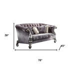 76" Purple And Platinum Velvet Loveseat and Toss Pillows