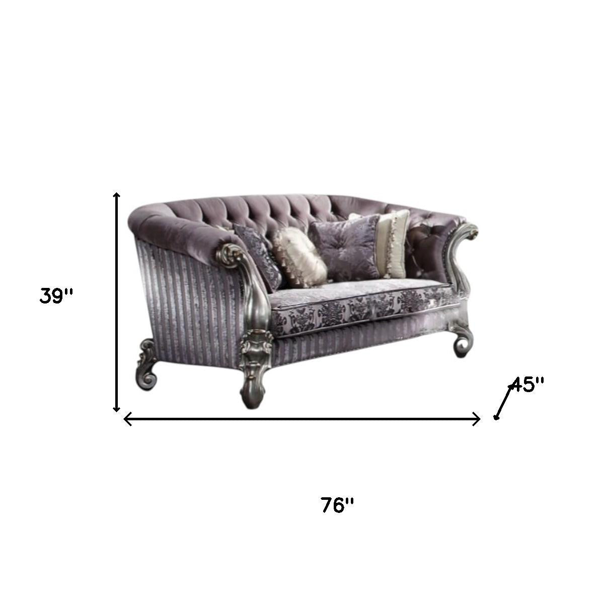 76" Purple And Platinum Velvet Loveseat and Toss Pillows