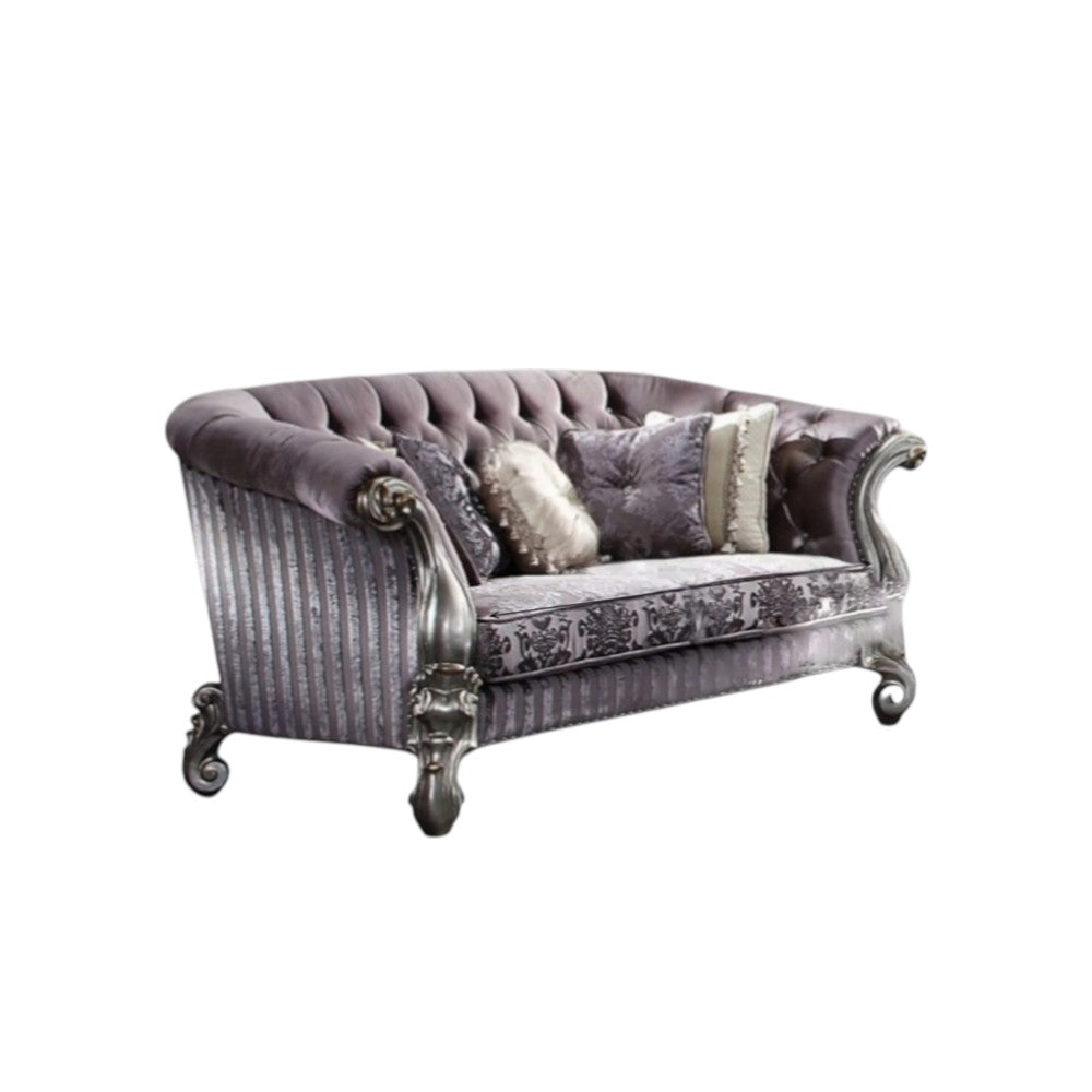 76" Purple And Platinum Velvet Loveseat and Toss Pillows
