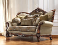 74" Tan And Brown Velvet Damask Curved Loveseat and Toss Pillows