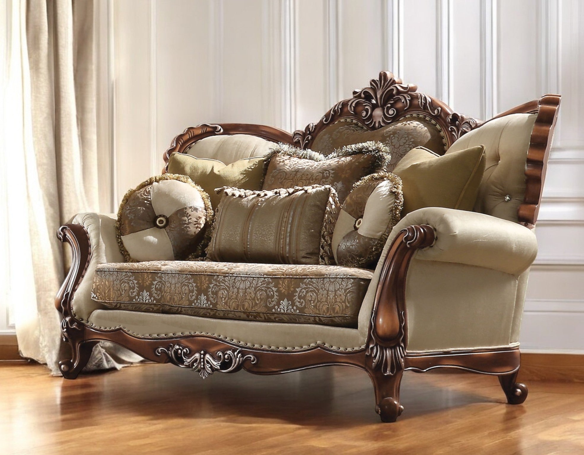 74" Tan And Brown Velvet Damask Curved Loveseat and Toss Pillows