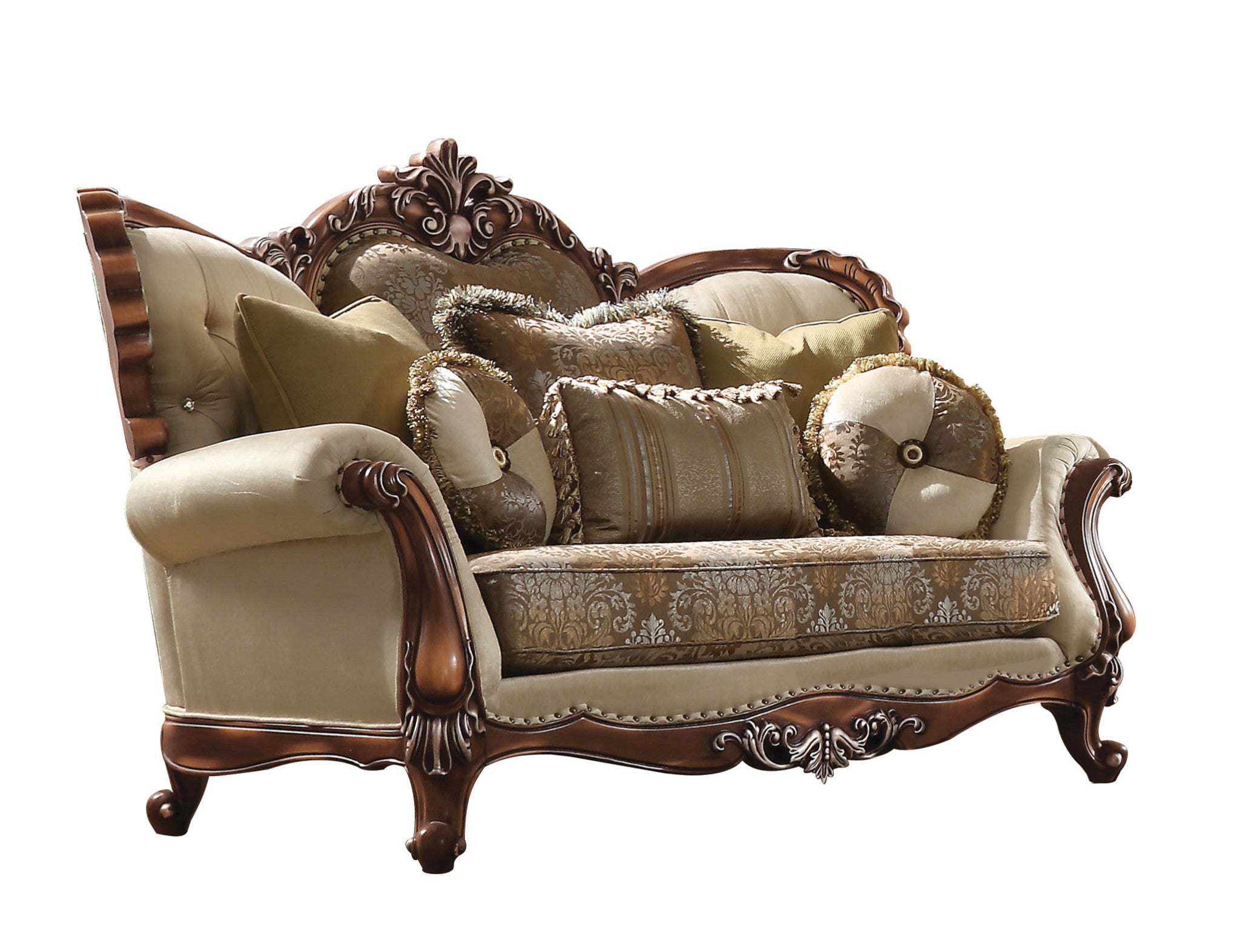 74" Tan And Brown Velvet Damask Curved Loveseat and Toss Pillows