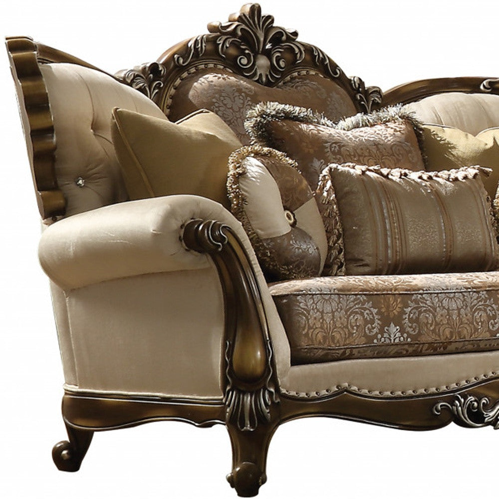 74" Tan And Brown Velvet Damask Curved Loveseat and Toss Pillows