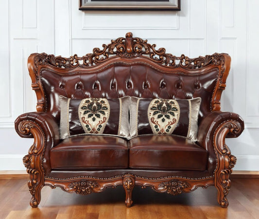 69" Brown And Walnut Top Grain Leather Curved Loveseat and Toss Pillows