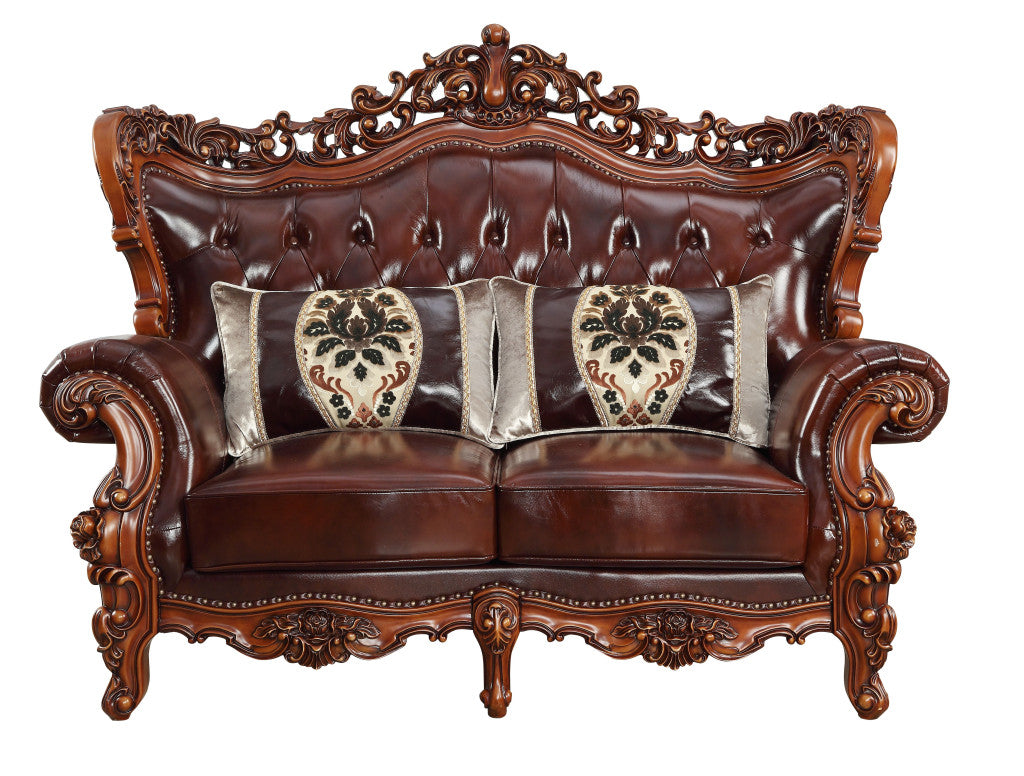 69" Brown And Walnut Top Grain Leather Curved Loveseat and Toss Pillows