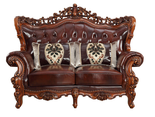 69" Brown And Walnut Top Grain Leather Curved Loveseat and Toss Pillows