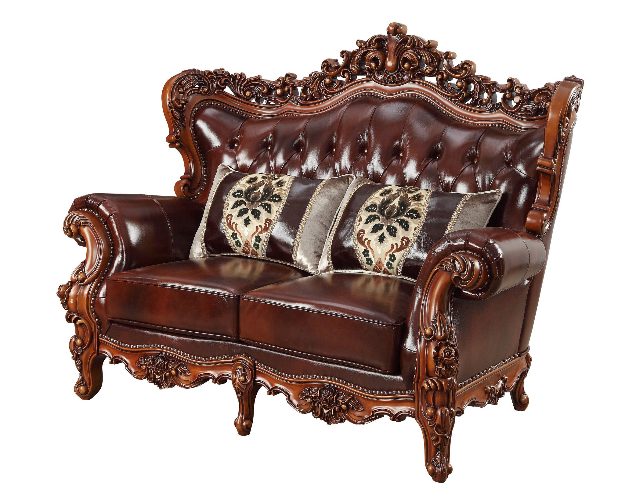 69" Brown And Walnut Top Grain Leather Curved Loveseat and Toss Pillows