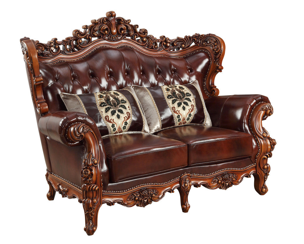 69" Brown And Walnut Top Grain Leather Curved Loveseat and Toss Pillows