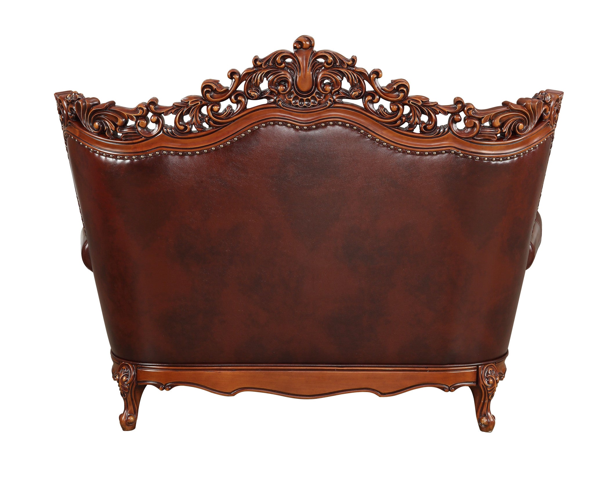 69" Brown And Walnut Top Grain Leather Curved Loveseat and Toss Pillows