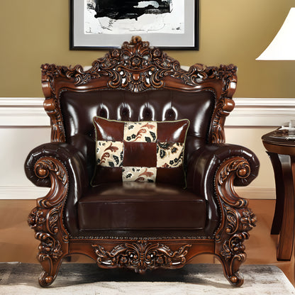50" Espresso Faux Leather Tufted Wingback Chair And Toss Pillow