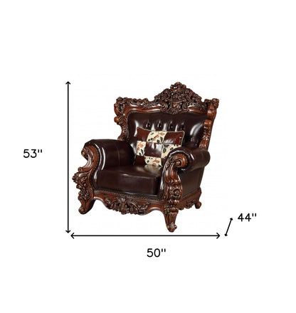 50" Espresso Faux Leather Tufted Wingback Chair And Toss Pillow