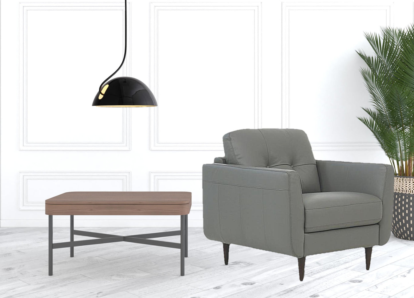 35" Gray and Black Genuine Leather Tufted Arm Chair