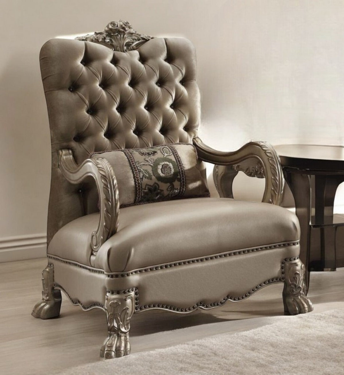 34" Bone and Gold Velvet Tufted Chesterfield Chair And Toss Pillow