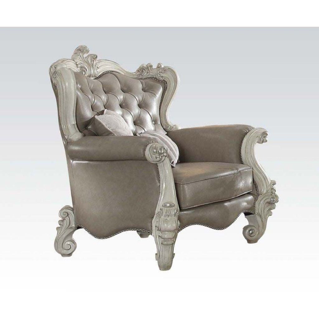 43" Gray and Bone Faux Leather Tufted Chesterfield Chair And Toss Pillows