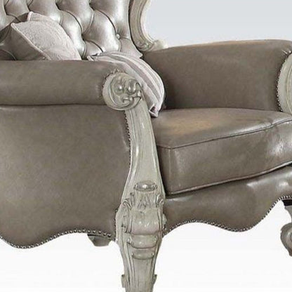 43" Gray and Bone Faux Leather Tufted Chesterfield Chair And Toss Pillows