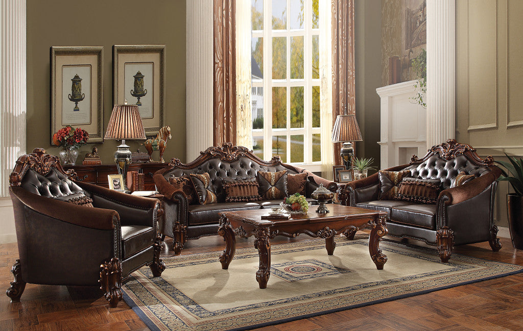 43" Dark Brown Faux Leather Tufted Chesterfield Chair And Toss Pillow