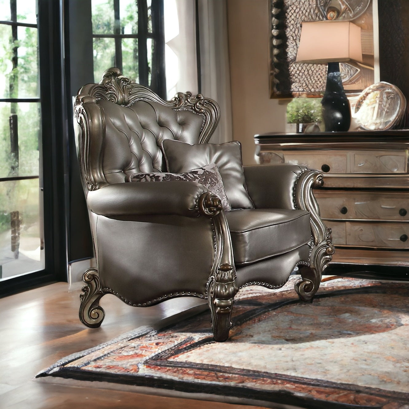 44" Silver and Platinum Faux Leather Tufted Wingback Chair And Toss Pillows
