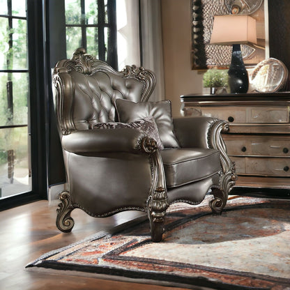 44" Silver and Platinum Faux Leather Tufted Wingback Chair And Toss Pillows