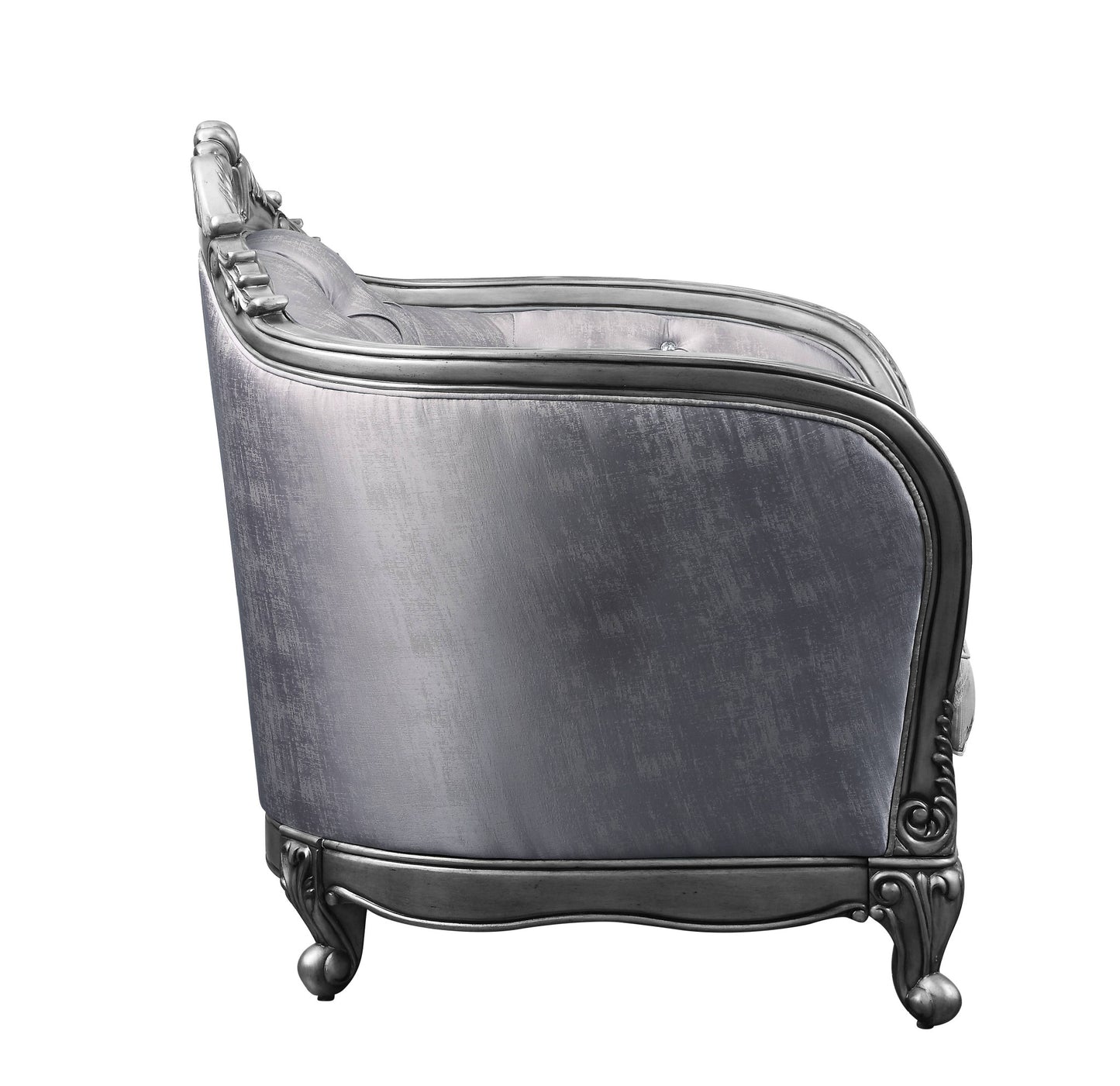 43" Light Gray and Platinum Fabric Floral Tufted Arm Chair And Toss Pillow