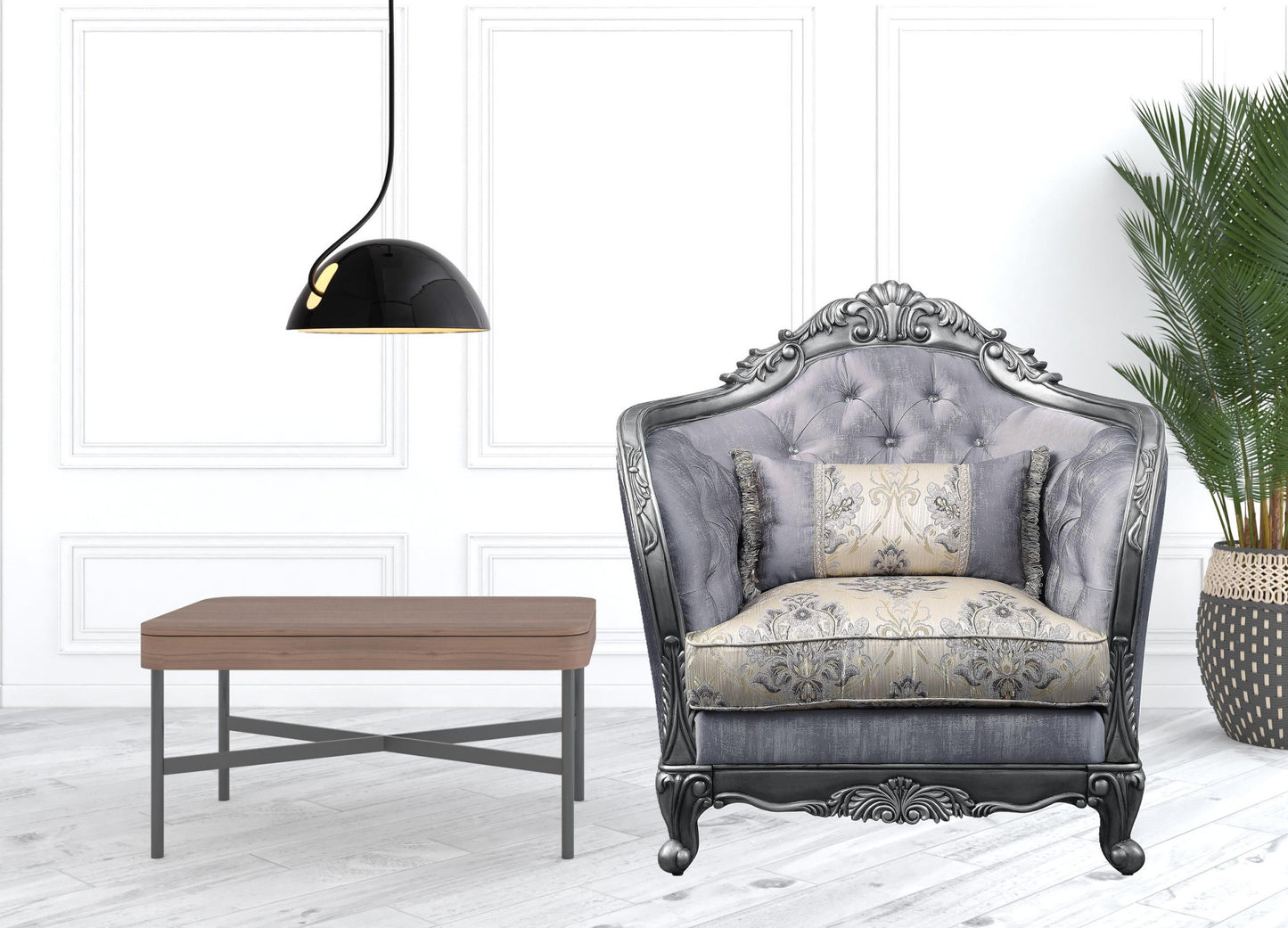 43" Light Gray and Platinum Fabric Floral Tufted Arm Chair And Toss Pillow