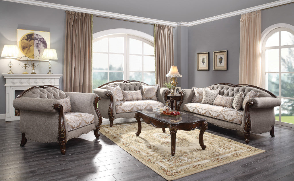 48" Beige and Brown Fabric Floral Arm Chair