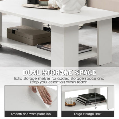 Large 41 Inch 2-tier Wooden Modern Coffee Table With Storage Shelf