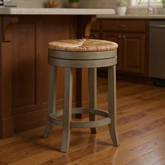 24" Natural and Gray Rush and Solid Wood Backless Counter Height Swivel Bar Chair