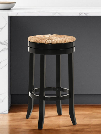 30" Natural And Black Solid Wood Swivel Backless Bar Height Bar Chair