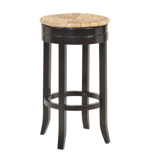 30" Natural and Espresso Rush and Solid Wood Backless Bar Height Swivel Bar Chair