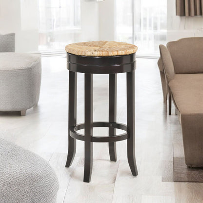 30" Natural and Espresso Rush and Solid Wood Backless Bar Height Swivel Bar Chair